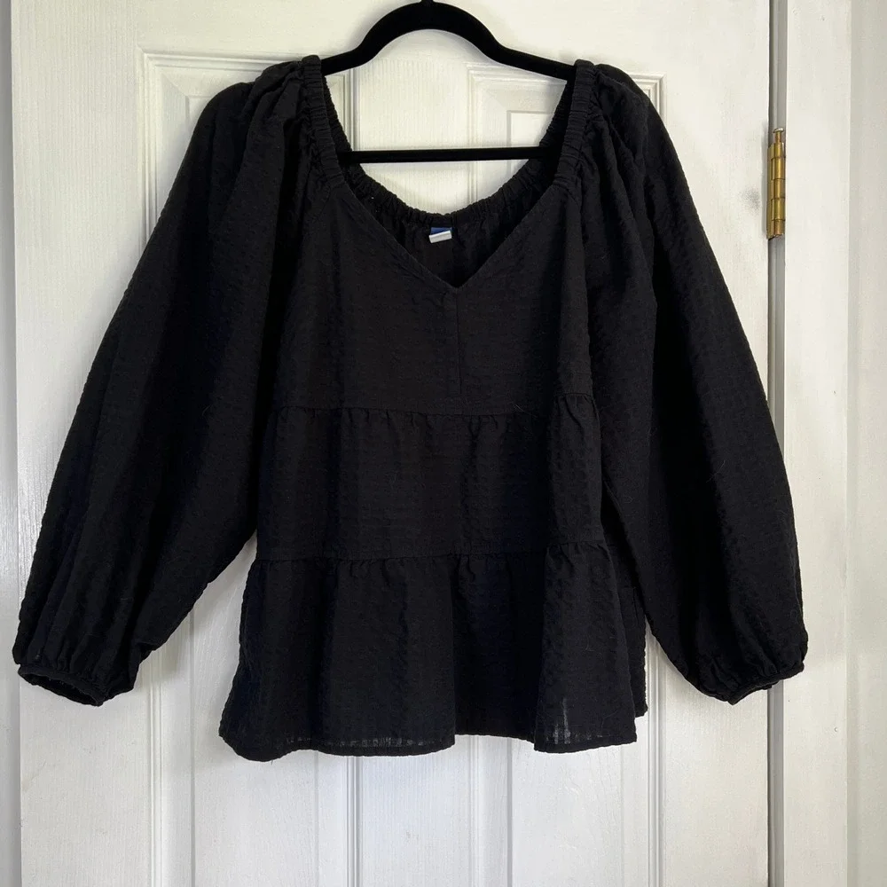 Old Navy Black Tiered Peasant Blouse Puff Sleeve Cottagecore Top Boho Size L